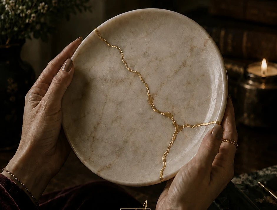 Hands holding a ceramic plate repaired with veins of gold — the practice of kintsugi