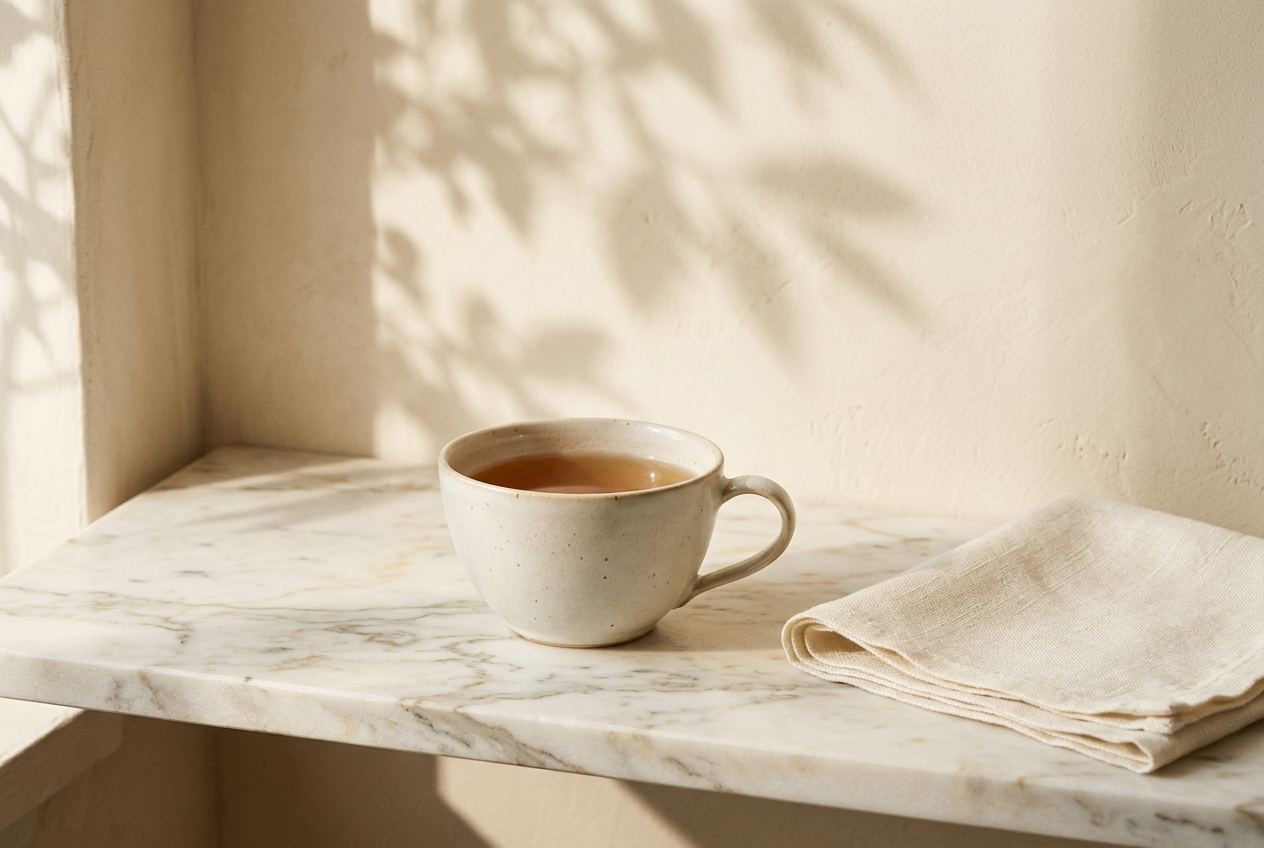 A pale ceramic cup on a marble ledge beside folded ivory linen, soft leaf shadows on the wall