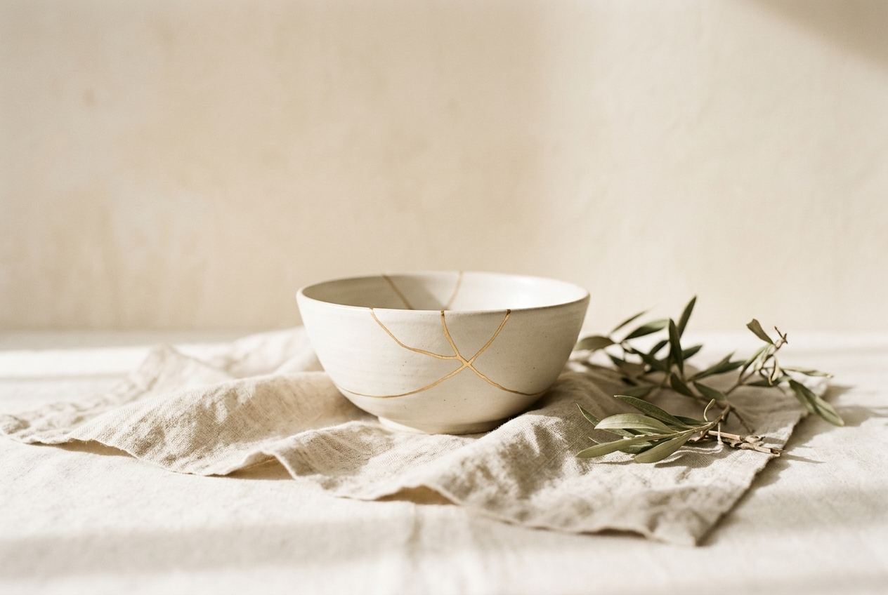 A pale ceramic bowl mended with fine gold seams, resting on cream linen in morning light