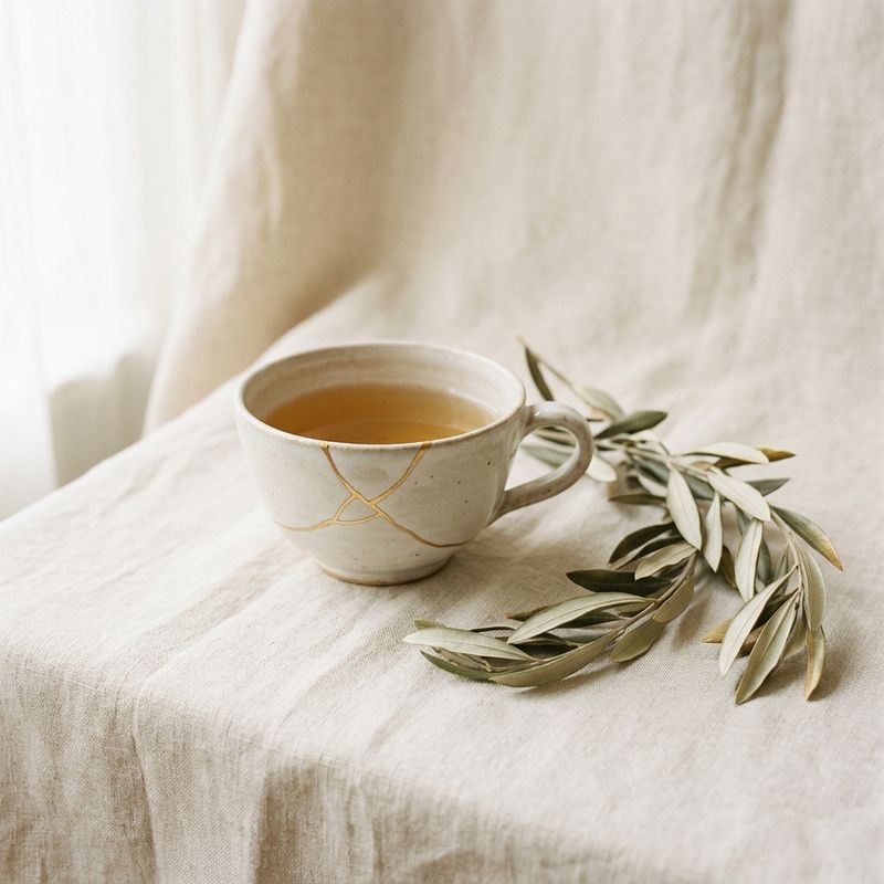 A kintsugi-mended teacup on ivory linen with olive leaves