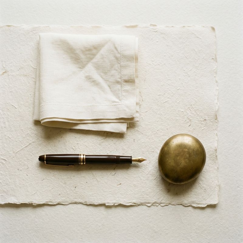 A fountain pen and brass paperweight on cream handmade paper