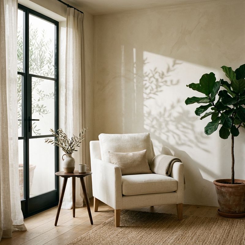 A cream linen armchair in a sunlit ivory room