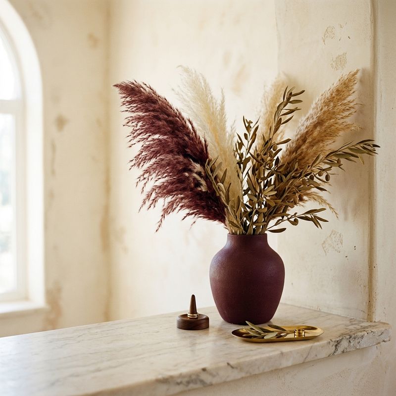 Dried pampas in a burgundy stoneware vase on marble