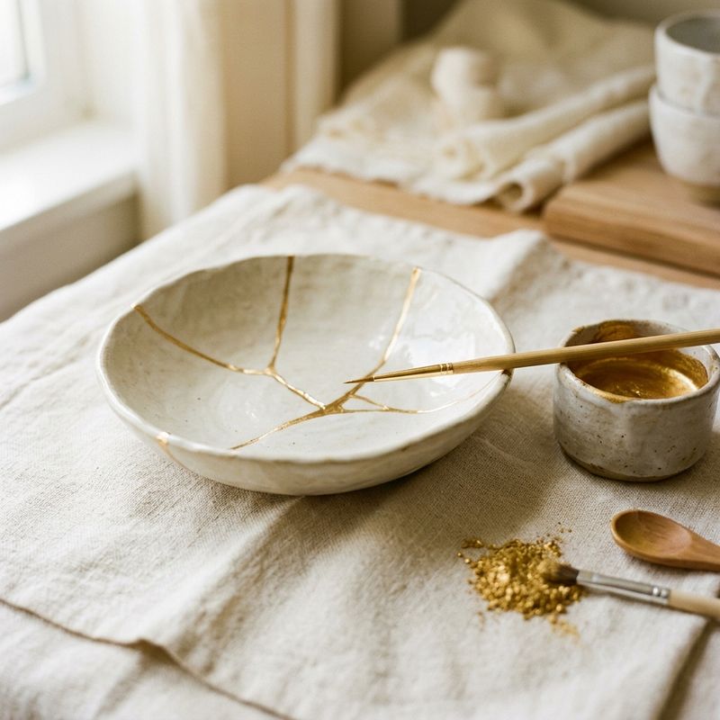 A ceramic dish being mended with gold lacquer